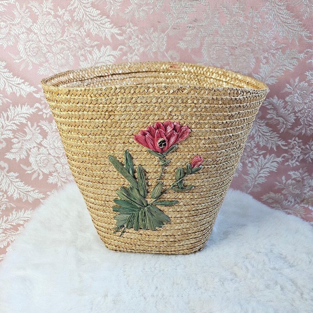 Vintage 80s Round Wicker Basket w/ Embroidered Flowers
